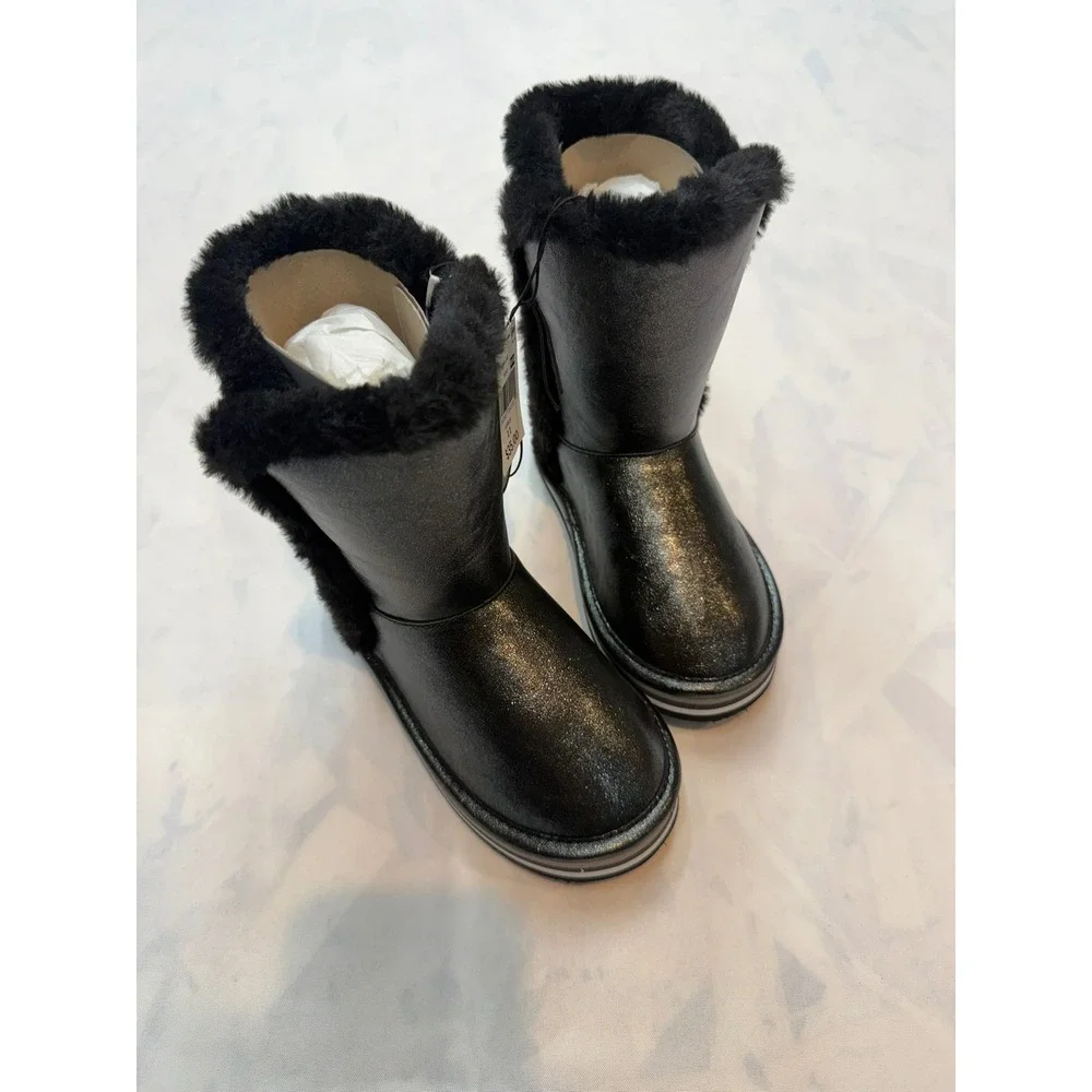 FALLS CREEK New $35 Girls 11 Black Metallic Faux Fur Mid Calf Winter Boots Bin3